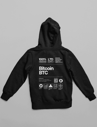 Bitcoin Label Hoodie in Schwarz mit den wichtigsten Vorteilen auf dem Rücken von Bitcoin