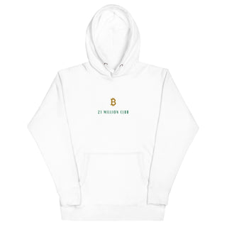 21 Million Club Bitcoin Hoodie in Weiß – Mit goldenen Bitcoin-Logo und praktischer Beuteltasche.