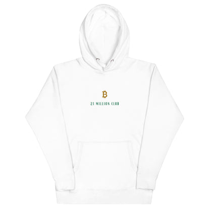 21 Million Club Bitcoin Hoodie in Weiß – Mit goldenen Bitcoin-Logo und praktischer Beuteltasche.