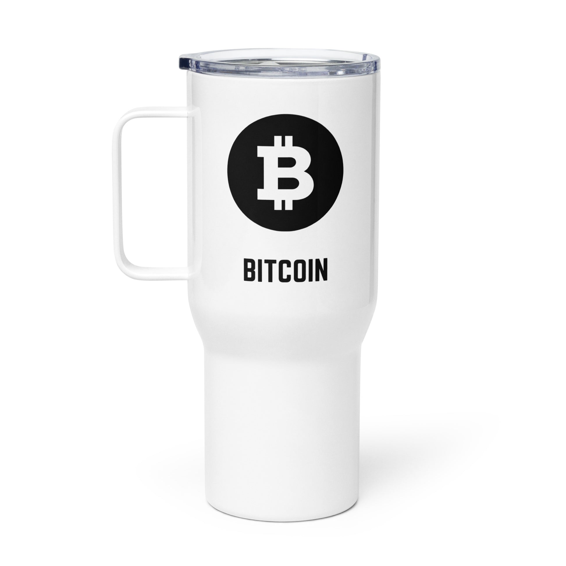 BITCOIN THERMOBECHER-Bitcoin Reisebecher aus Edelstahl mit schwarzem Logo und auslaufsicherem Deckel