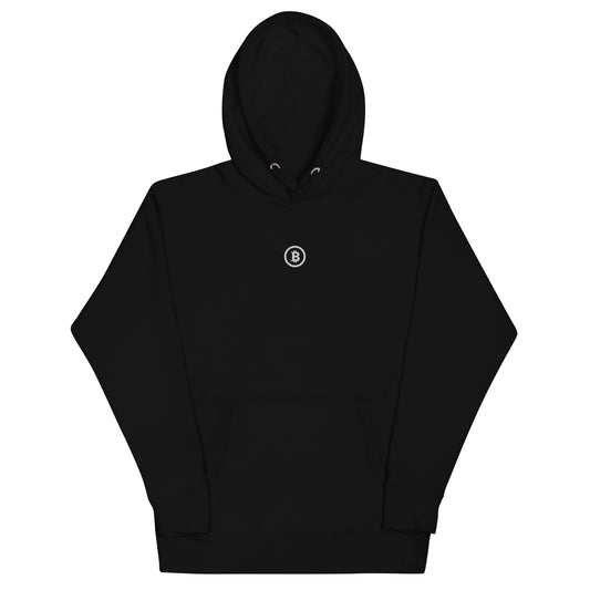 Bitcoin Hoodie in Schwarz mit gesticktem B Logo auf der Brust – Vorderansicht