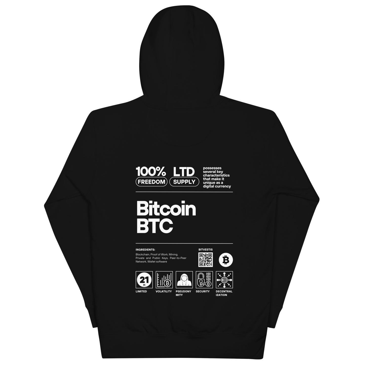 Bitcoin Hoodie in Schwarz mit hochwertigem Bitcoin Label Design und bequemer Passform – perfekt für Krypto-Enthusiasten.