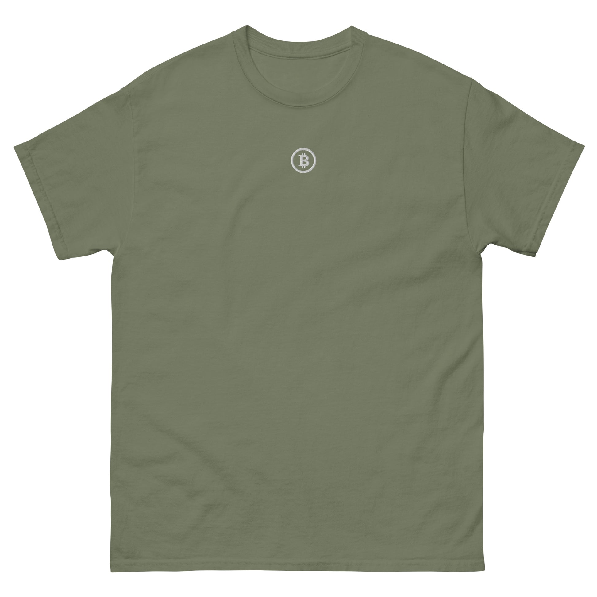Bitcoin Shirt Olive grün – dezentes ₿ Logo vorne