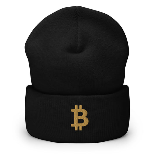 Stylische Bitcoin Beanie mit goldenem Bitcoin-Logo – hält warm und setzt ein modisches Statement.