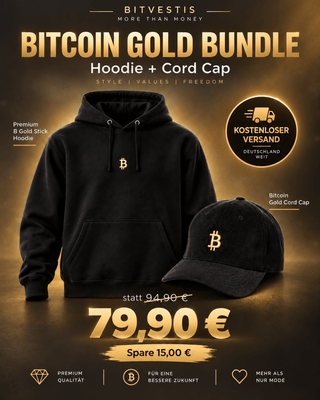 Bitcoin Gold Bundle – Premium Hoodie und Gold Cord Cap von BITVESTIS