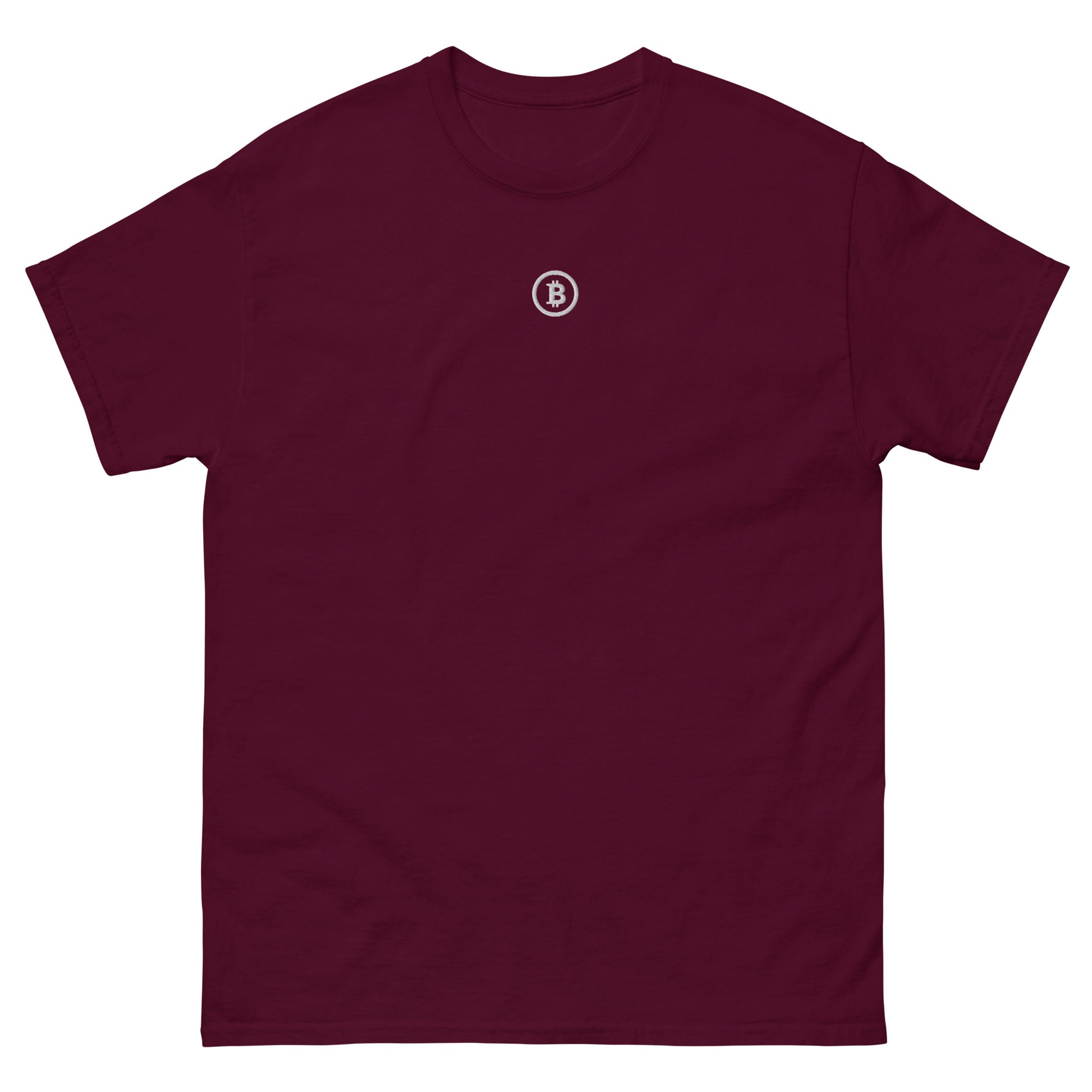 Bordeaux Bitcoin T-Shirt – Front mit gesticktem ₿ Logo