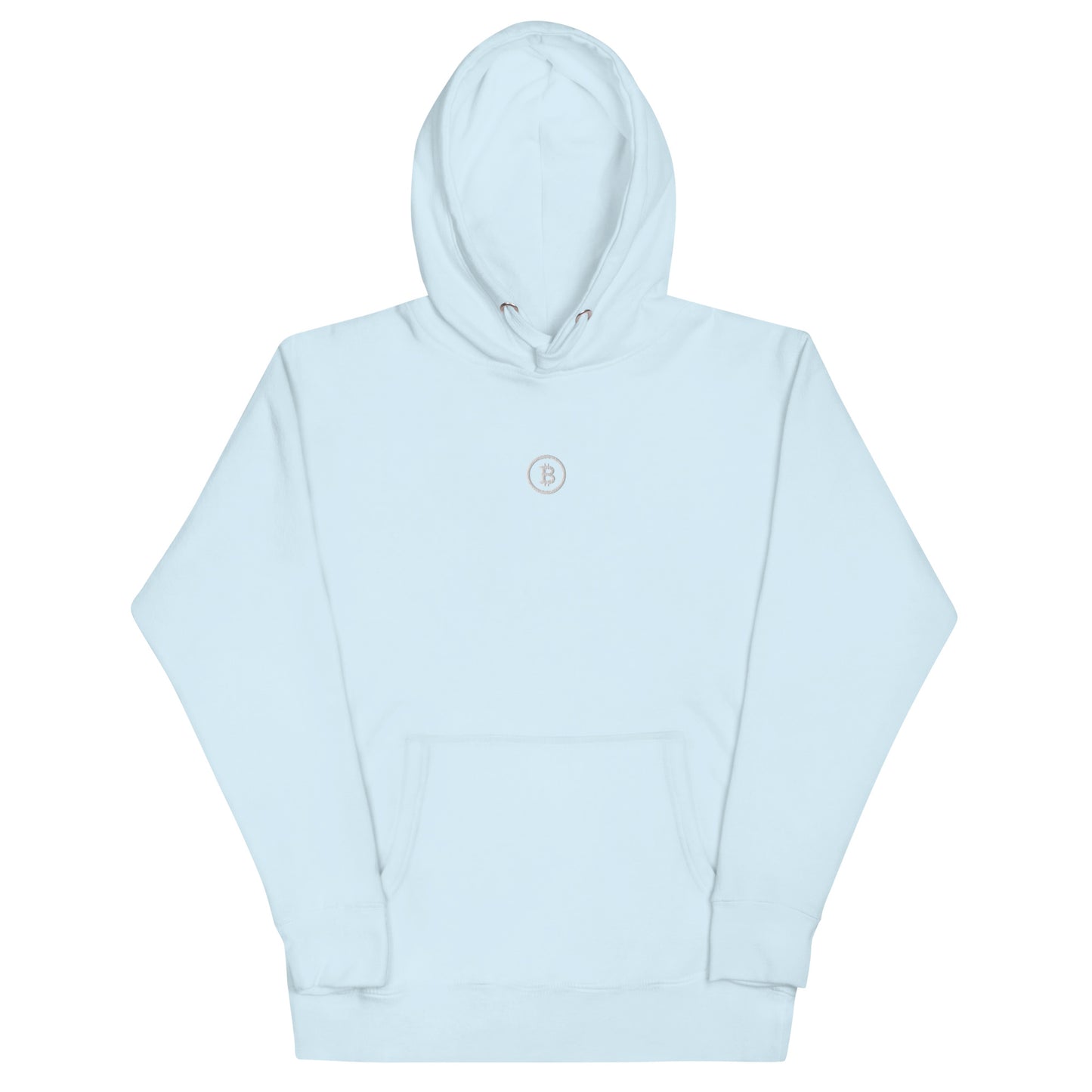 Hellblauer Bitcoin Hoodie mit minimalistischem Bitcoin Logo in Weiss – Vorderansicht