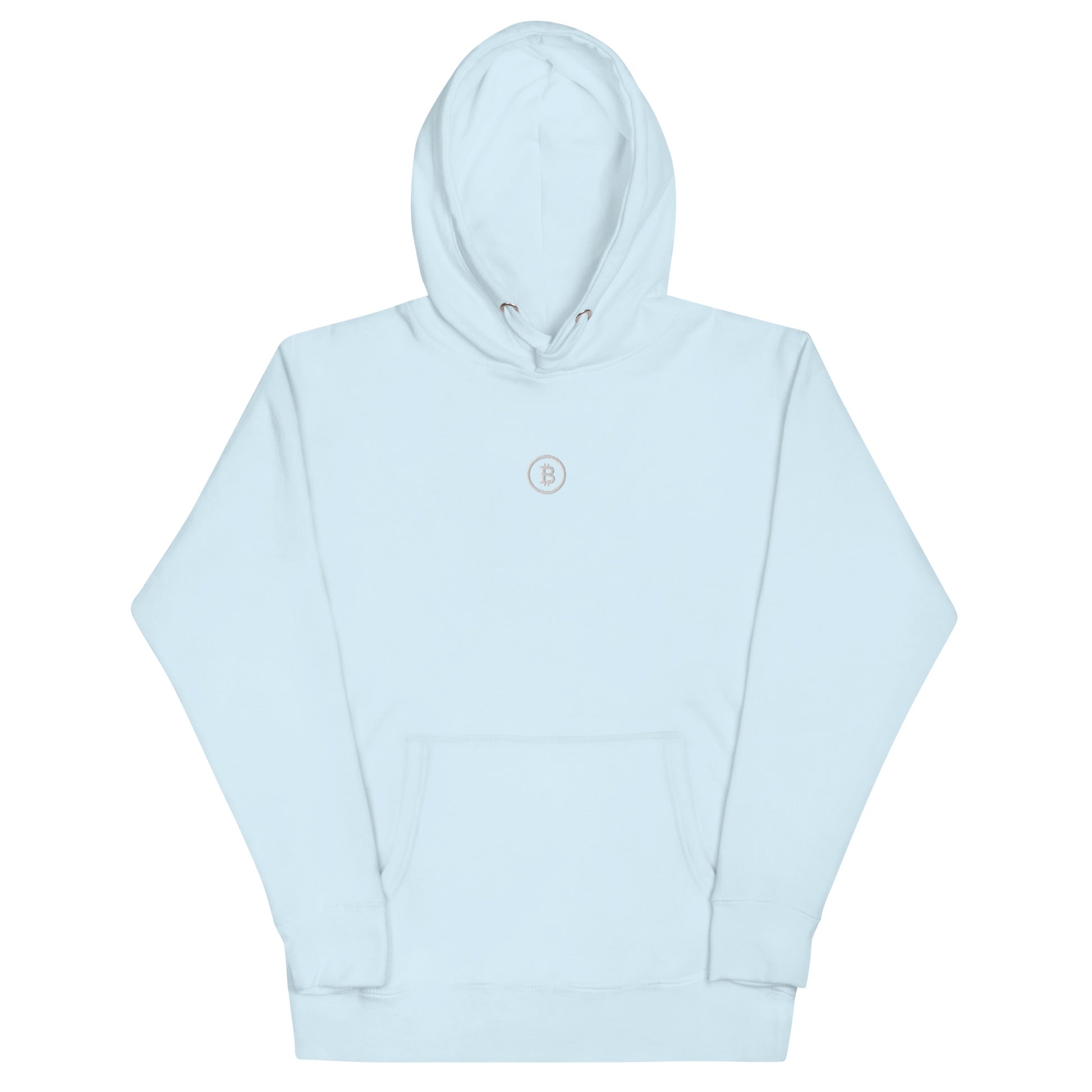 Hellblauer Bitcoin Hoodie mit minimalistischem Bitcoin Logo in Weiss – Vorderansicht