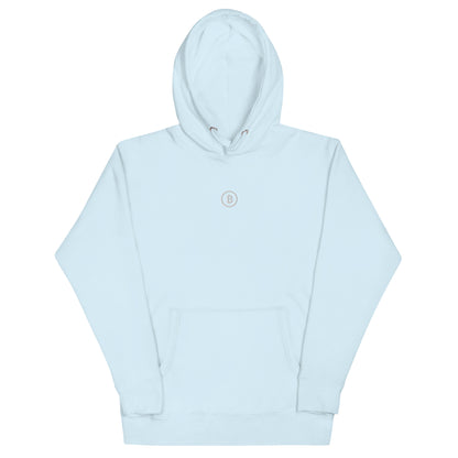 Hellblauer Bitcoin Hoodie mit minimalistischem Bitcoin Logo in Weiss – Vorderansicht