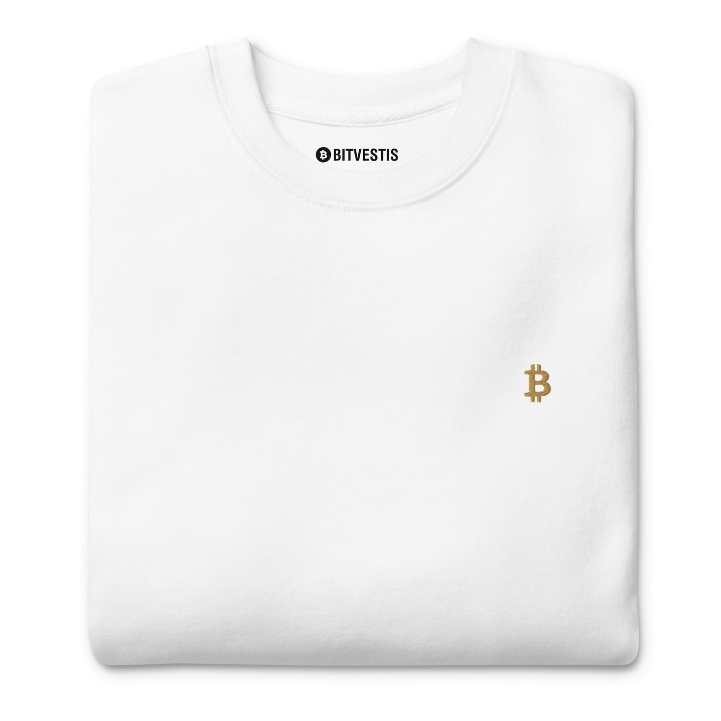 Weiß: Klassischer Bitcoin Pullover in Weiß mit goldenem ₿-Stick auf der Vorderseite. Weisser btc stick pullover 