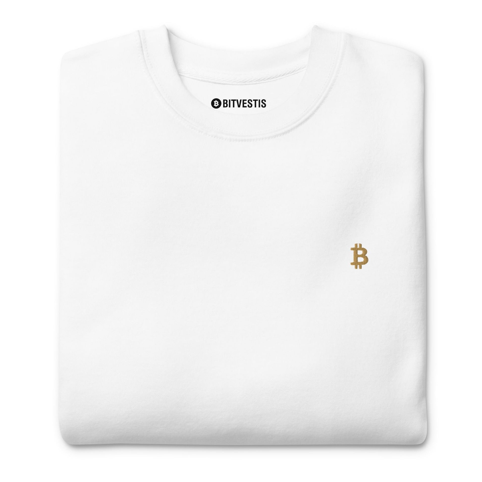 Weiß: Klassischer Bitcoin Pullover in Weiß mit goldenem ₿-Stick auf der Vorderseite. Weisser btc stick pullover 