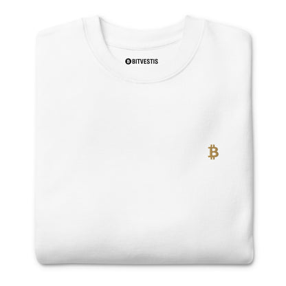 Weiß: Klassischer Bitcoin Pullover in Weiß mit goldenem ₿-Stick auf der Vorderseite. Weisser btc stick pullover 