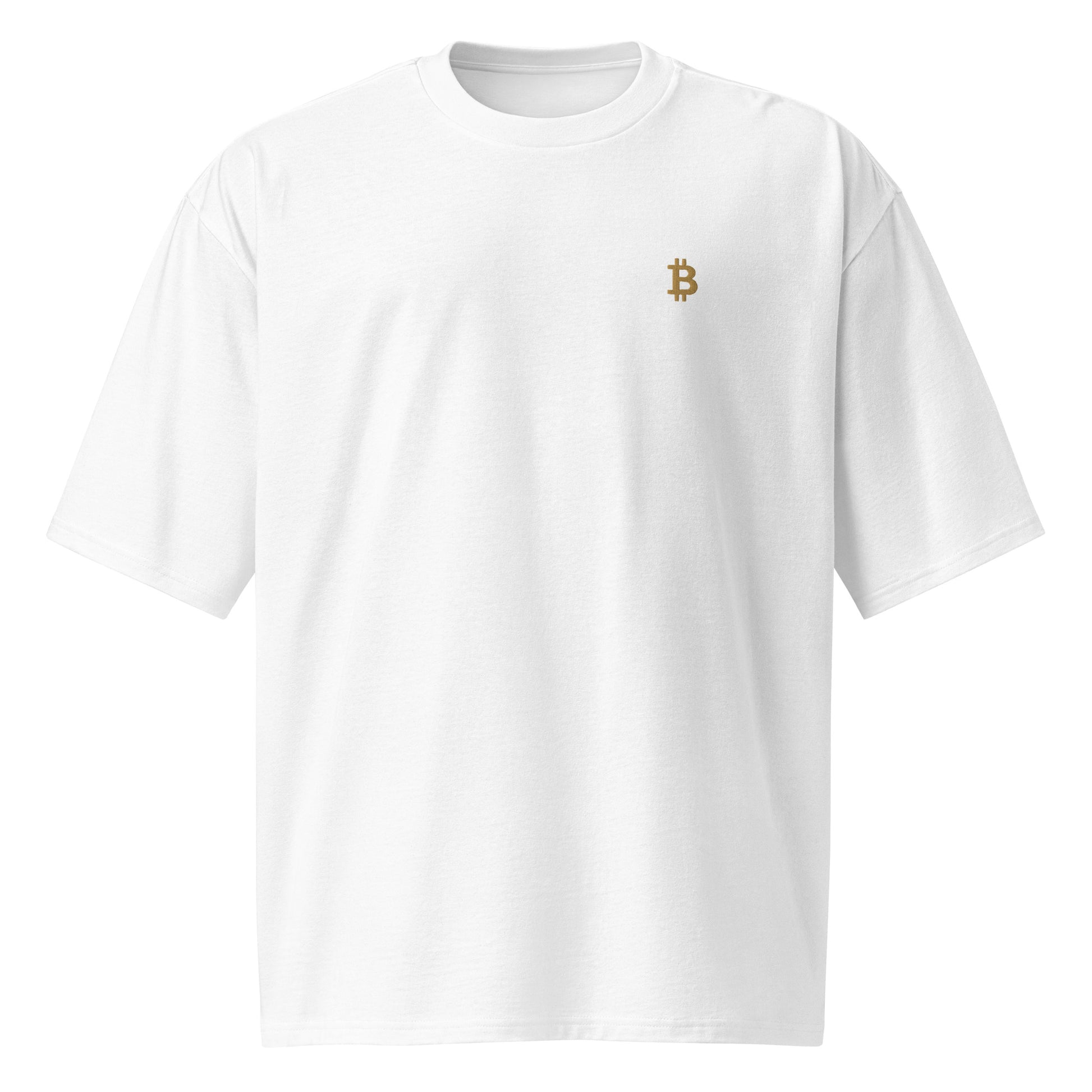 Langlebiges und robustes Oversized T-Shirt aus 100% Baumwolle mit gesticktem Bitcoin-Logo in Gold
