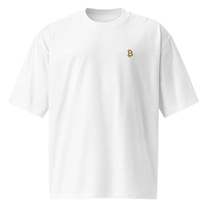 Langlebiges und robustes Oversized T-Shirt aus 100% Baumwolle mit gesticktem Bitcoin-Logo in Gold
