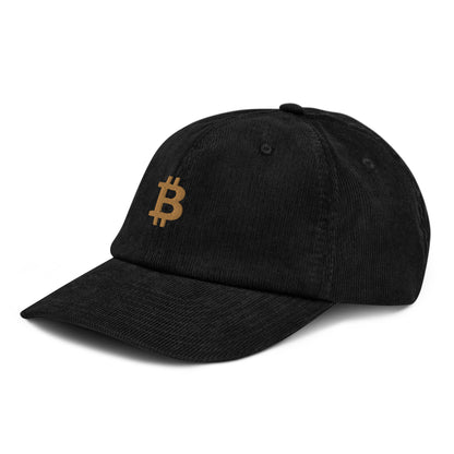 Limitierte Bitcoin Cord Cap mit goldenem ₿-Logo – perfekte Passform und angenehmes Tragegefühl.