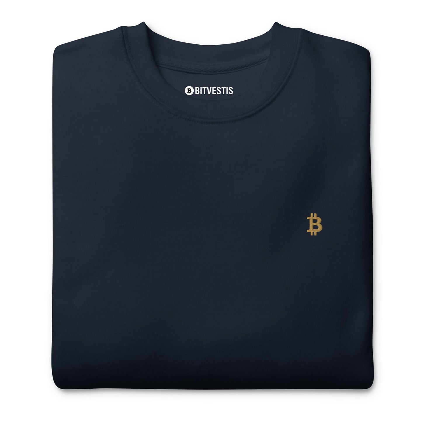 Navy Blau: Klassischer Bitcoin Pullover in Navy Blau mit goldenem ₿-Stick auf der Vorderseite 1a.#btc
