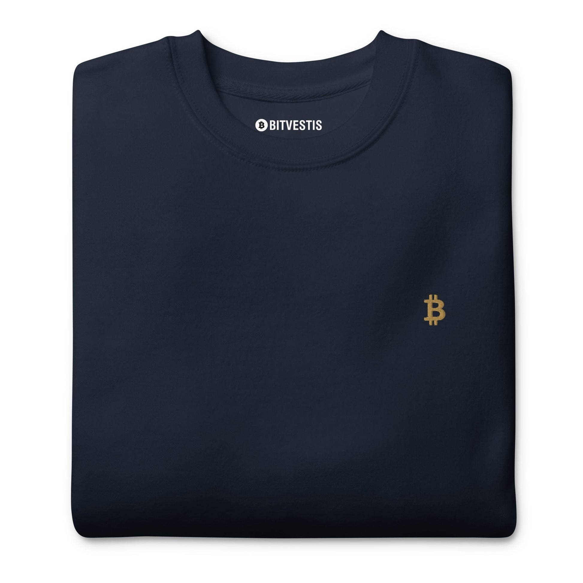 Navy Blau: Klassischer Bitcoin Pullover in Navy Blau mit goldenem ₿-Stick auf der Vorderseite 1a.#btc