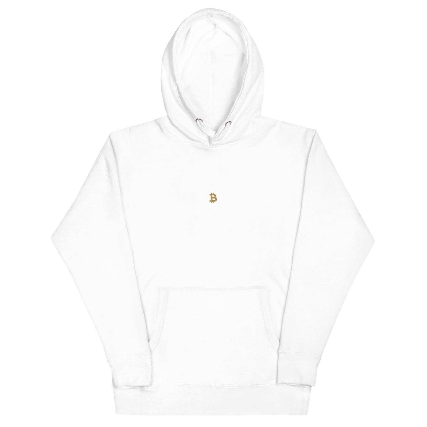 Premium Bitcoin Hoodie in Weiß mit gesticktem Bitcoin ₿-Logo auf der Vorderseite.