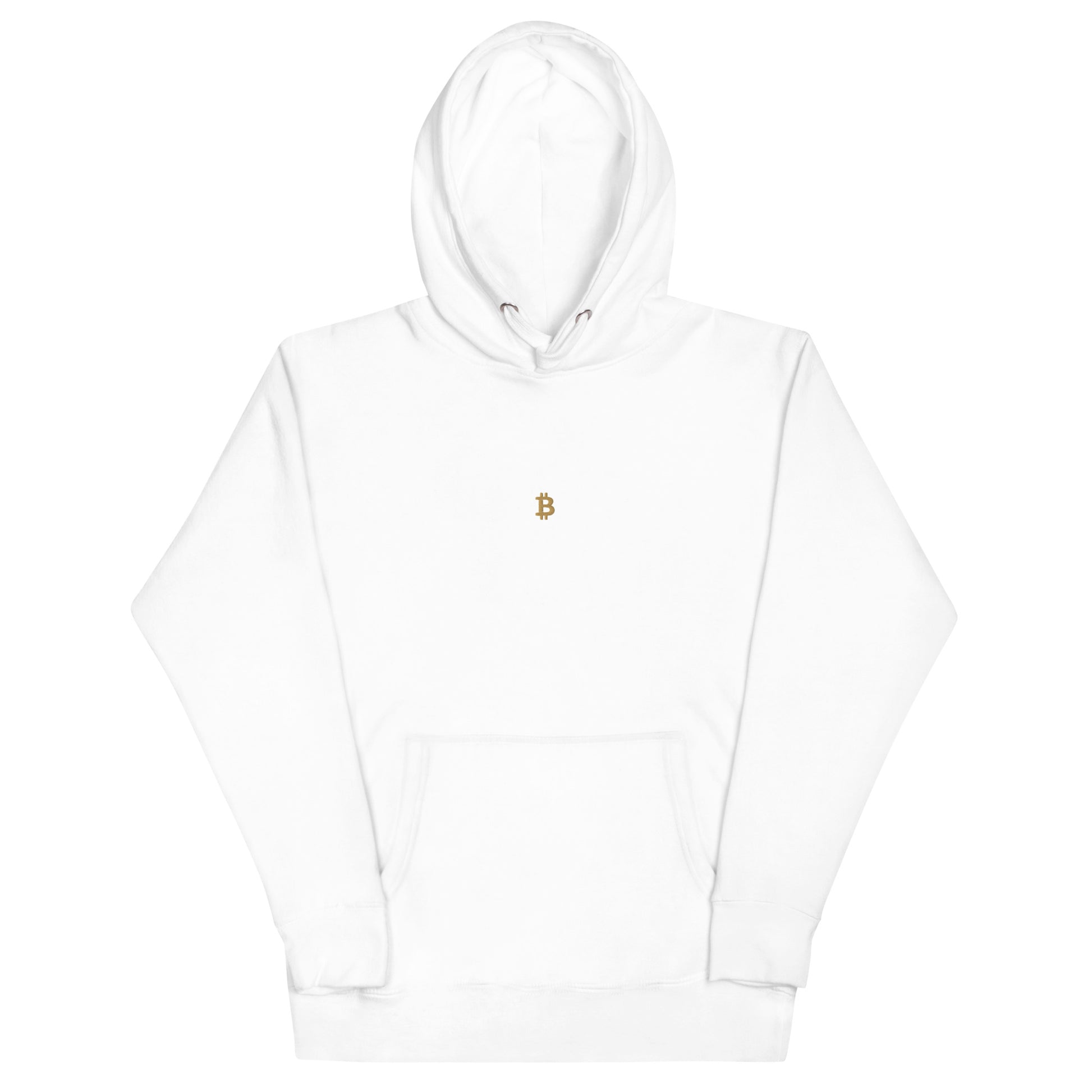Premium Bitcoin Hoodie in Weiß mit gesticktem Bitcoin ₿-Logo auf der Vorderseite.