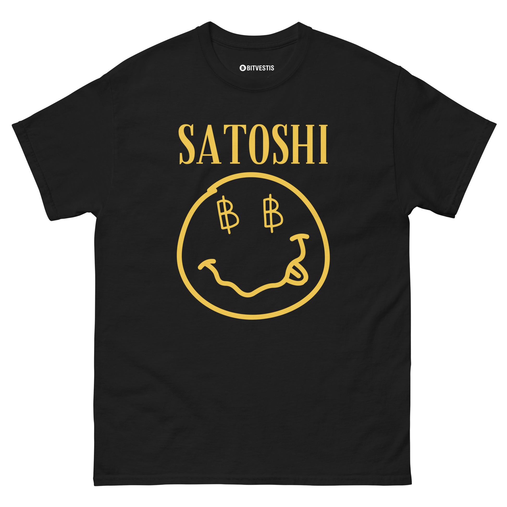 Satoshi T-Shirt in Schwarz – 100 % Baumwolle mit hochwertigem Bitcoin "Satoshi"-Print für Streetwear-Fans. Perfekte Passform.
