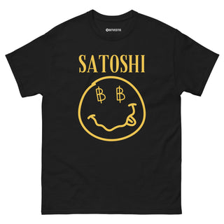 Satoshi T-Shirt in Schwarz – 100 % Baumwolle mit hochwertigem Bitcoin "Satoshi"-Print für Streetwear-Fans. Perfekte Passform.