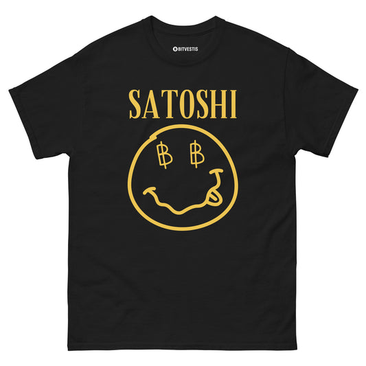 Satoshi T-Shirt in Schwarz – 100 % Baumwolle mit hochwertigem Bitcoin "Satoshi"-Print für Streetwear-Fans. Perfekte Passform und hoher Tragekomfort für jeden Anlass.