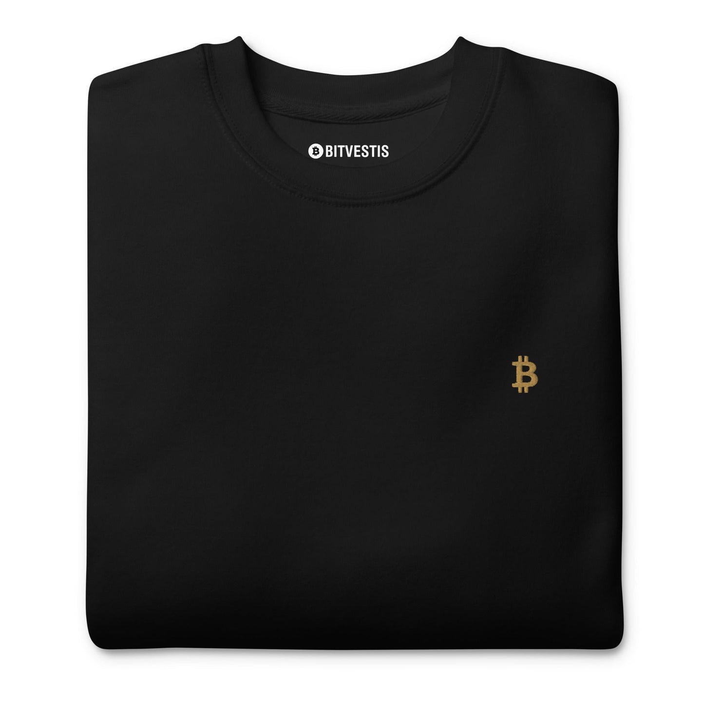 Klassischer Bitcoin Pullover in Weiß mit goldenem ₿-Stick auf der Vorderseite.