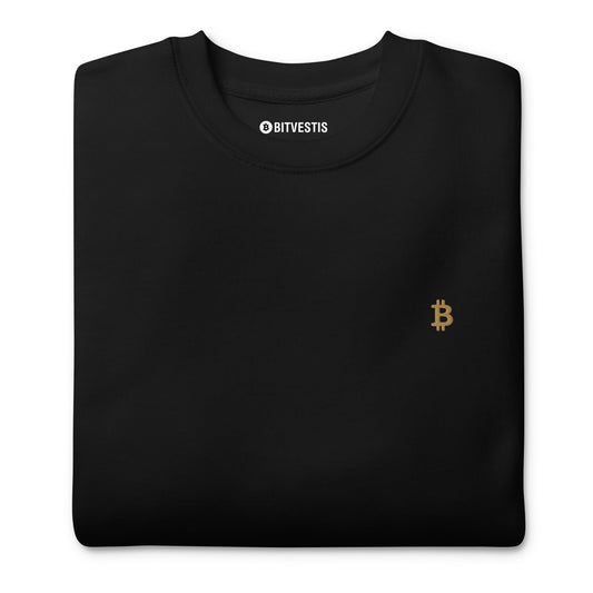 Klassischer Bitcoin Pullover in Weiß mit goldenem ₿-Stick auf der Vorderseite.