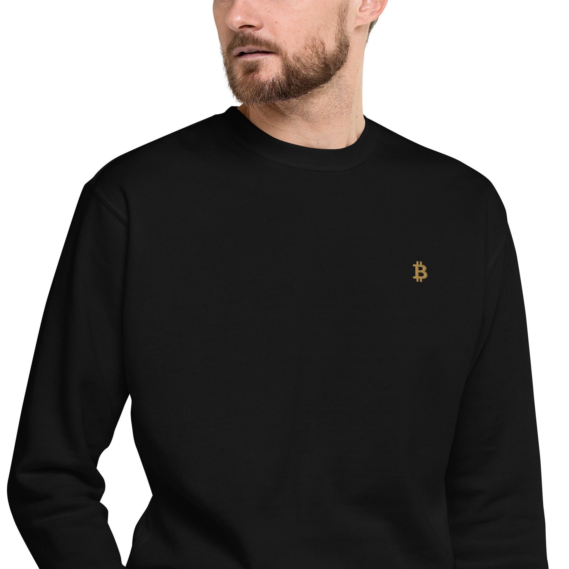 Model: Schwarz: Klassischer Bitcoin Pullover in Schwarz mit goldenem ₿-Stick auf der Vorderseite.
