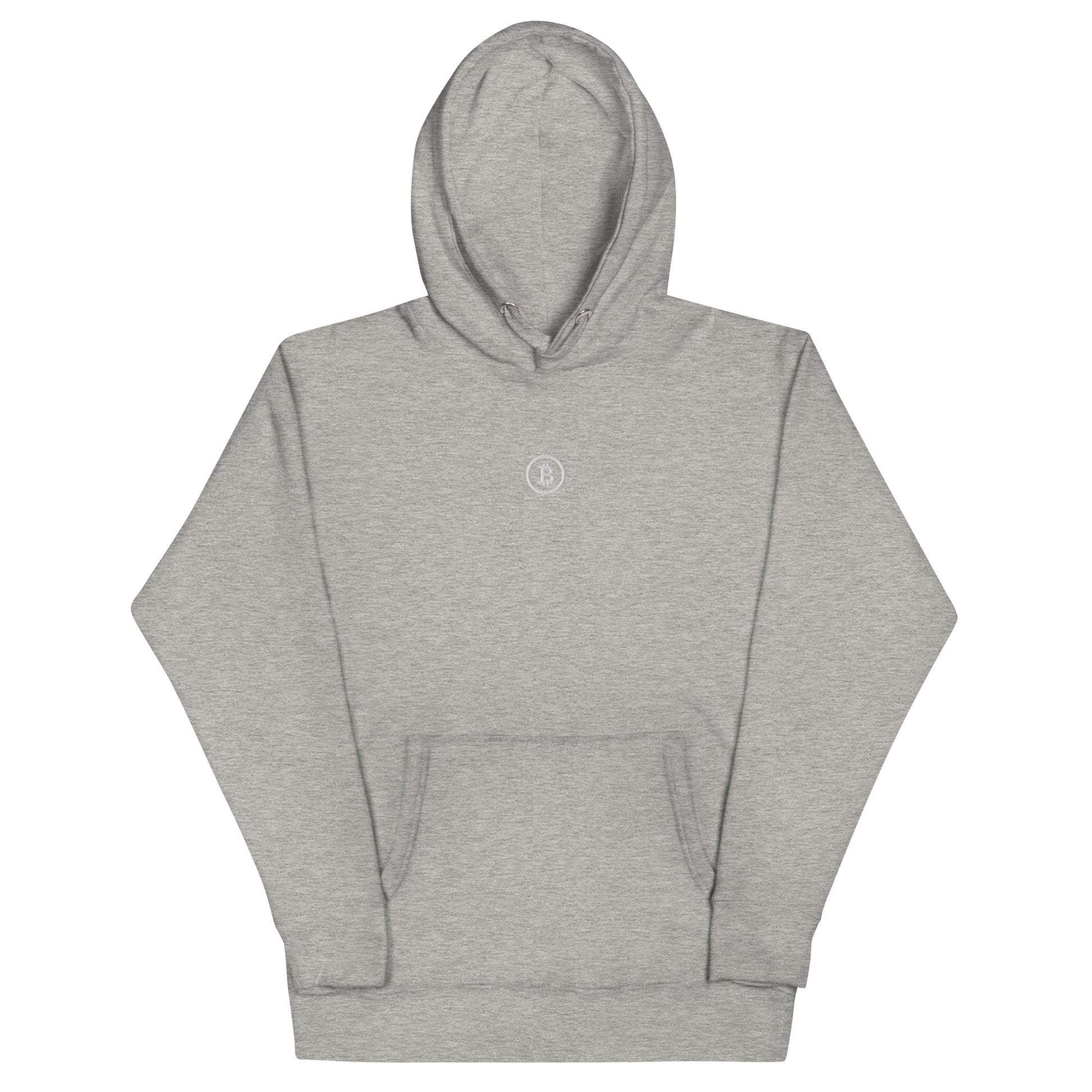 Sportgrauer Bitcoin Hoodie mit gesticktem Bitcoin Logo auf der Brust – Unisex Fit