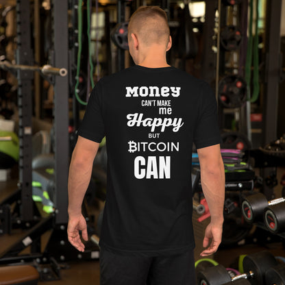 Streetwear T-Shirt für Bitcoin-Fans mit markantem "Money can't make me happy, but Bitcoin can"-Design.