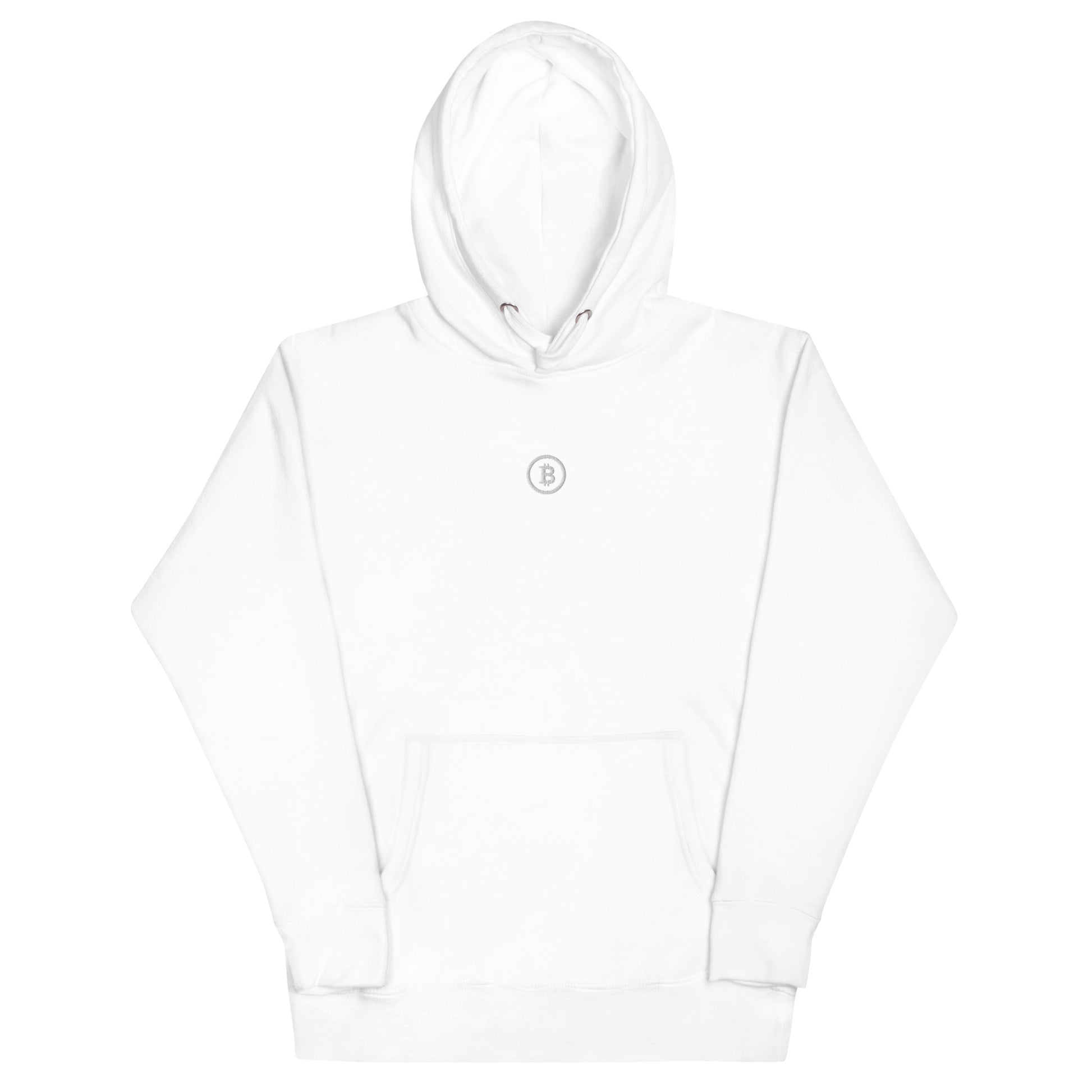 Weisser Bitcoin Hoodie mit dezentem Bitcoin Logo – klarer Look, sauber gestickt