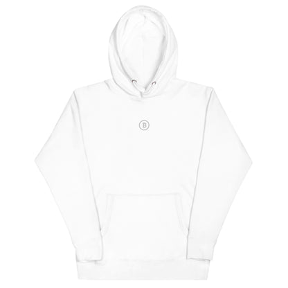 Weisser Bitcoin Hoodie mit dezentem Bitcoin Logo – klarer Look, sauber gestickt