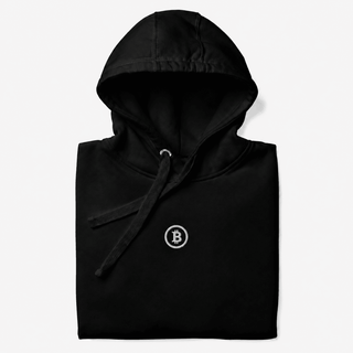Schwarzer Bitcoin Hoodie mit weißem ₿-Logo im Kreis als Stickerei auf der Brust – BITVESTIS