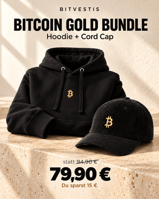 Bitcoin Gold Bundle Set von bitvestis Bitcoin Hoodie und Cap in schwarz 