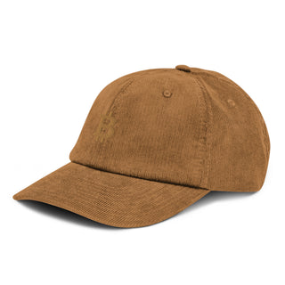 Exklusive karamellfarbene Bitcoin Cord Cap mit goldenem Bitcoin-Logo – stilvoll und bequem für jeden Anlass.