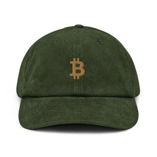 Limitierte Bitcoin Cord Cap in Grün mit goldenem ₿-Logo – angenehmes Tragegefühl und lässiger Look.