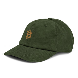 Limitierte Bitcoin Cord Cap in Grün mit goldenem ₿-Logo – angenehmes Tragegefühl und lässiger Look.