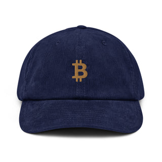Bitcoin Cord Cap in Baumwoll-Cord mit goldenem 3D Bitcoin-Logo – für einen lässigen Look.