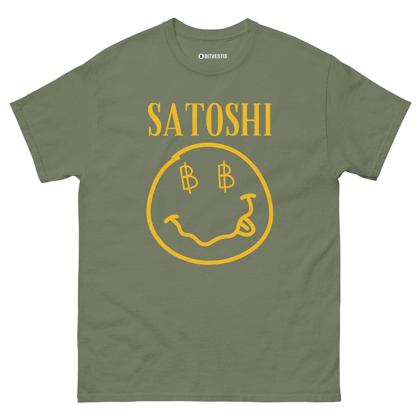 Satoshi T-Shirt in mehreren Farben – 100 % Baumwolle, mit hochwertigem Satoshi-Print. Bequeme Passform und langlebiger Stoff.
