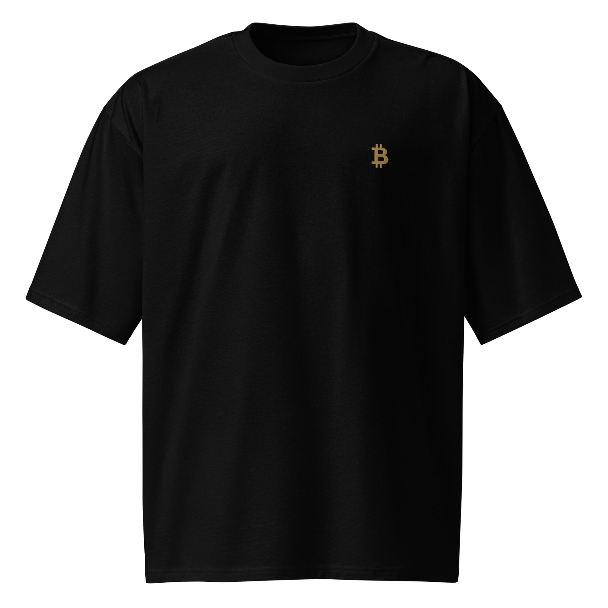 Premium Oversized T-Shirt mit goldenen Bitcoin-Logo für einen trendigen Streetwear-Look.
