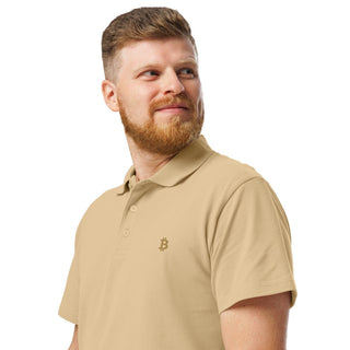 Premium Bitcoin Poloshirt mit Gold Stick in Sandfarbe von BITVESTIS