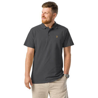 Premium Bitcoin Poloshirt mit Gold Stick in Grau von BITVESTIS