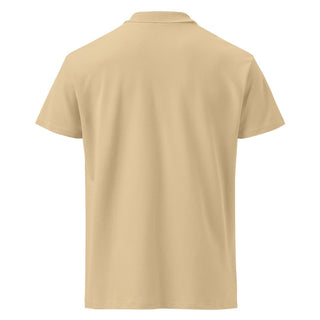 Premium Bitcoin Poloshirt mit Gold Stick in Sand von BITVESTIS
