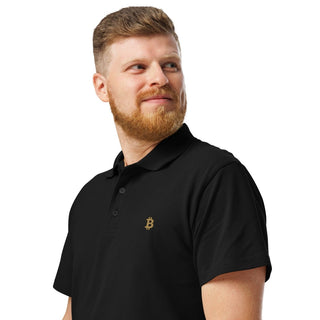 Premium Bitcoin Poloshirt mit Gold Stick in Schwarz Zoom vorne von BITVESTIS