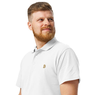 Premium Bitcoin Poloshirt mit Gold Stick in weiss von BITVESTIS