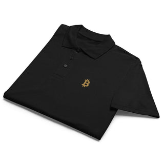 Premium Zoom Bitcoin Poloshirt mit Gold Stick in Schwarz von BITVESTIS