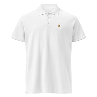Premium Bitcoin Poloshirt mit Gold Stick in weiss von BITVESTIS