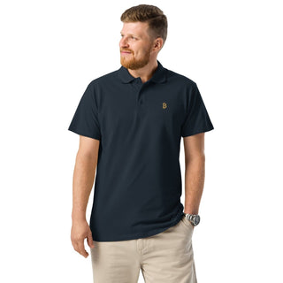 Premium Bitcoin Poloshirt mit Gold Stick in Navy von BITVESTIS