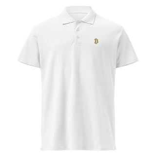 Premium Bitcoin Poloshirt mit Gold Stick in Weiß Frontansicht von BITVESTIS
